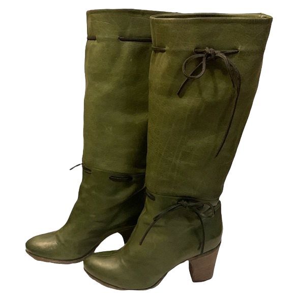 Fiorentini + Baker Shoes - Fiorentini +Baker Women's Green Almond Toe Leather Tall High Heeled Boots Sz 6.5